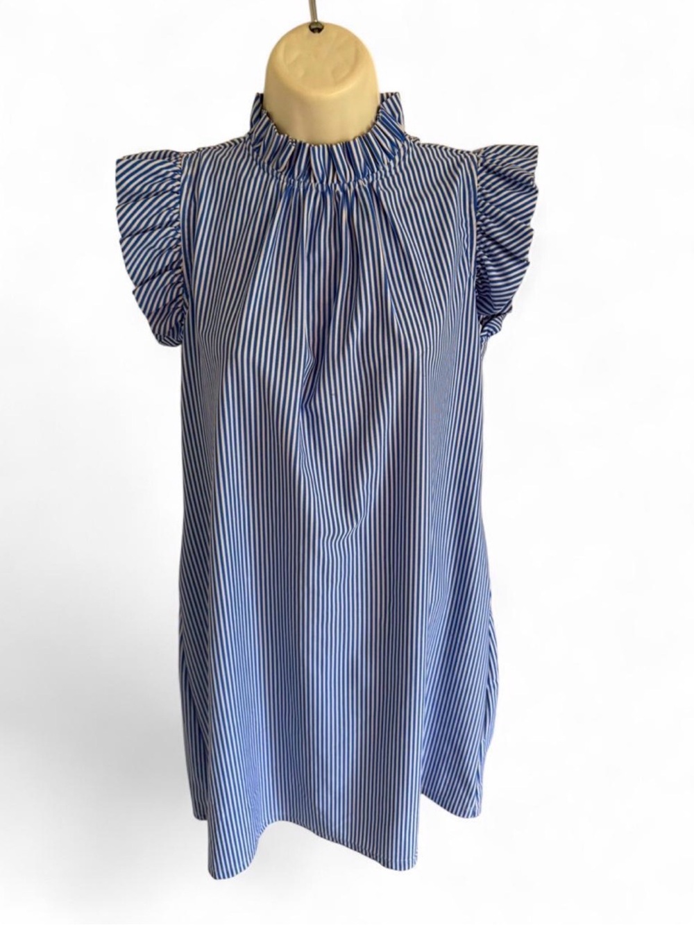 Impossible to find Jude Connally Blue Stripe Ruffle Sleeve Dress